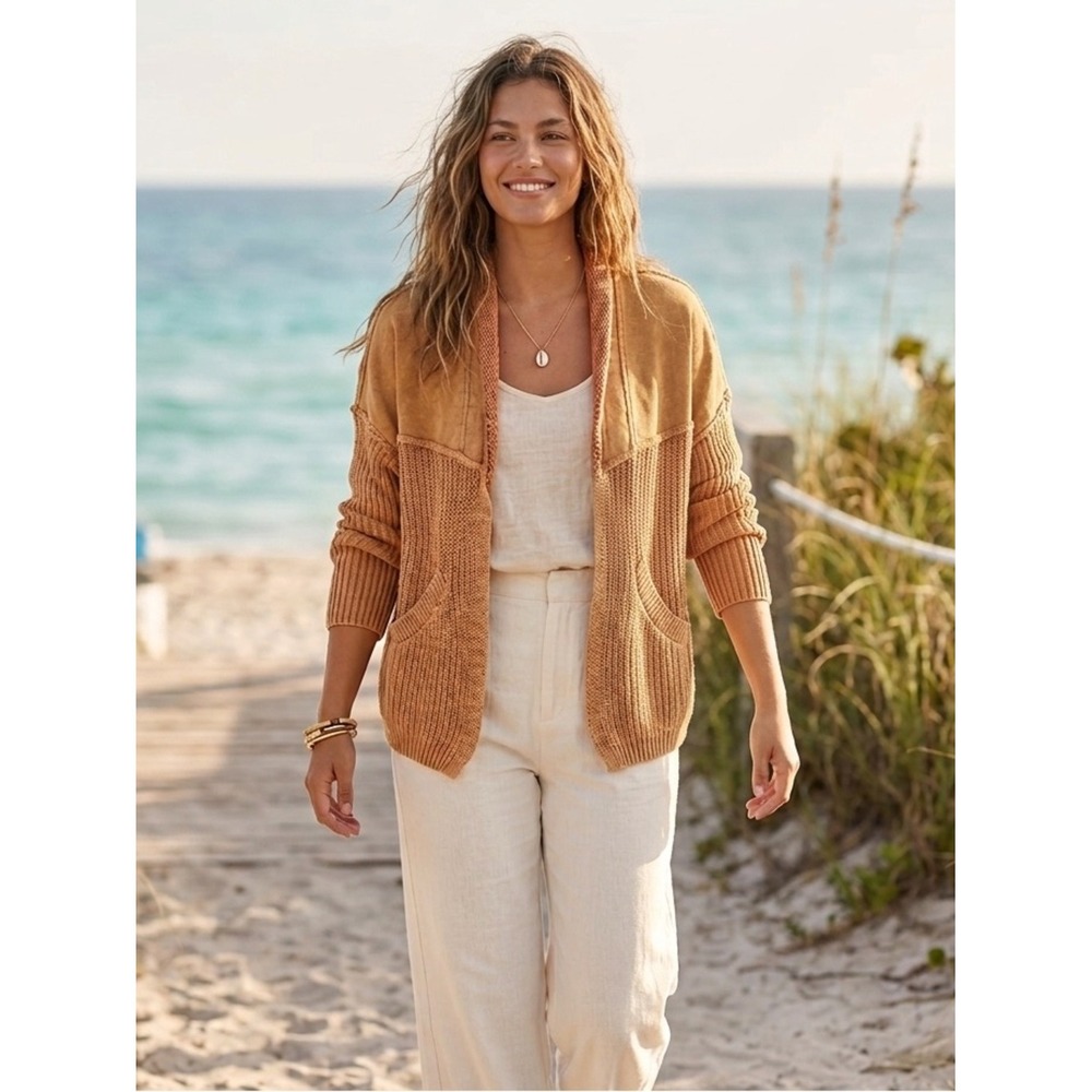 Heyson NWT Washed Rust Knit Open Front Chunky Knit Cardigan Shacket M Boho Indie